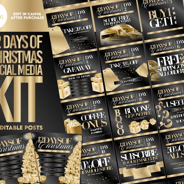 DIY 12 Days of Christmas Content Kit, Holiday Sale Flyer Bundle, Christmas Social Media Template, Black and Gold Business Template