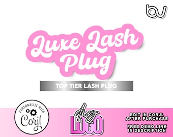 May include: Pink and white graphic design with the text "Luxe Lash Plug" and the words "Top Tier Lash Plug". The design is surrounded by a white border and has a shadow effect.
