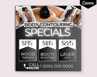 Könnte beinhalten: Eine Werbegrafik für Körperkonturierungsdienste. Das Design zeigt Bilder von Körperkonturierungsbehandlungen mit dem Text "BODY CONTOURING SPECIALS". Die Grafik enthält die Preise für Wood Therapy, Booty Sculpting und Laser Lipo.