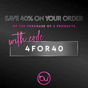 May include: A black and white graphic with the text "SAVE 40% ON YOUR ORDER OF THE PURCHASE OF 4 PRODUCTS with code 4FOR40" in a silver box. The text is in a bold, sans-serif font. The background is black. A pink circle with the letter "b" inside is in the bottom center of the graphic.