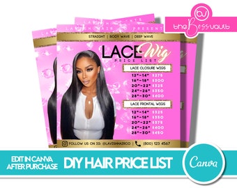 DIY Lace Wig Price list Template, Editable Pricelist for Hair Boutique, Hair Business Deals Flyer, Instant Download Canva Template