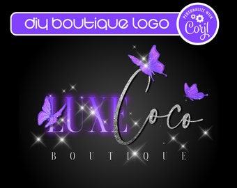DIY Purple Butterfly Logo Template, Customizable Editable Boutique Logo Template, Hair, Fashion, Nails, Lashes, Glitter Boutique Logo Design