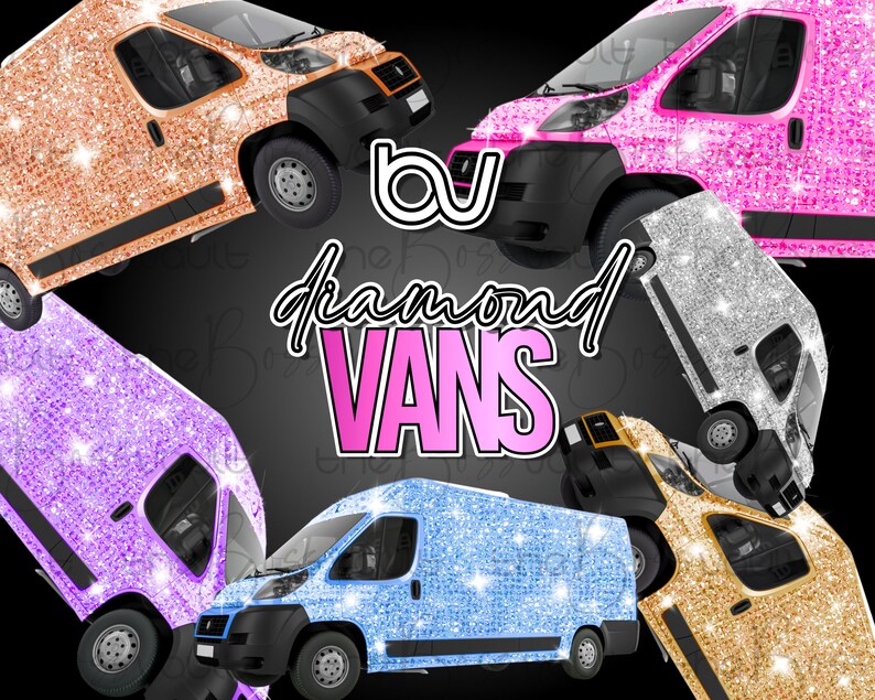 May include: Five vans, each covered in a different colour glitter. The vans are all the same model and have a similar design. The glitter colours are gold, silver, pink, purple, and blue.