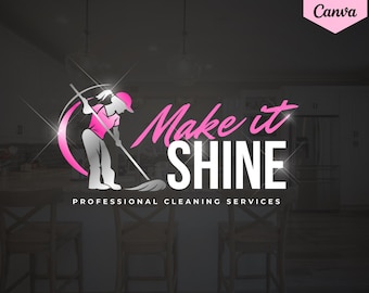 Cleaning Business Logo Design: Pink & Black Housekeeper Template (Canva)