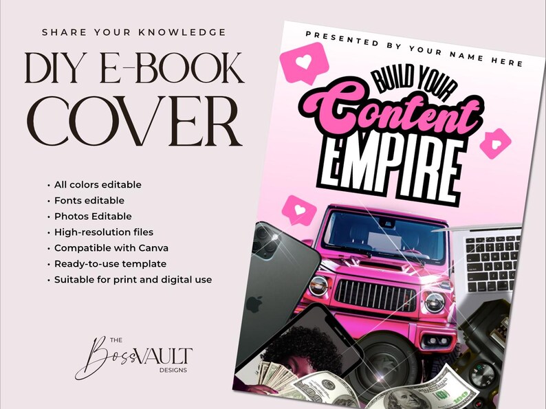 May include: A pink and black e-book cover with the text "Build Your Content Empire" and a pink car, money, and phones. The cover is designed for Canva and is suitable for print and digital use.