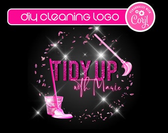 DIY Cleaning Logo, Cleaning Service Logo, Pink Glitter Clean-Up Service Logo, Instant Download Housekeeping Service Business Logo Editable