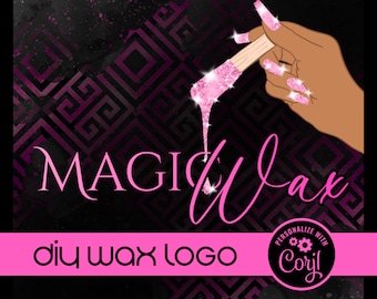 Puede incluir: Diseño de logotipo rosa y negro para un negocio de cera llamado "Magic Wax". El logotipo presenta una mano sosteniendo un palo de cera rosa con brillo. El texto "DIY Wax Logo" también está incluido en el diseño.