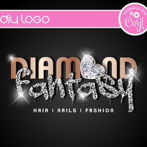 DIY Diamond Rose Gold Boutique Logo, Editable Customizable Sparkle Glitter Logo Template for Fashion, Hair, Nails, Lashes, Logo Design