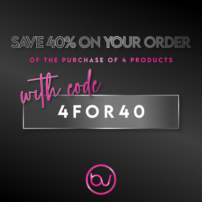 May include: A black and white graphic with the text "SAVE 40% ON YOUR ORDER OF THE PURCHASE OF 4 PRODUCTS with code 4FOR40" in a silver box. The text is in a bold, sans-serif font. The background is black. A pink circle with the letter "b" inside is in the bottom center of the graphic.