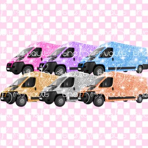 May include: Five glitter-covered vans in different colours: pink, purple, blue, silver, and orange. The vans are all facing the same direction and are lined up in a row.