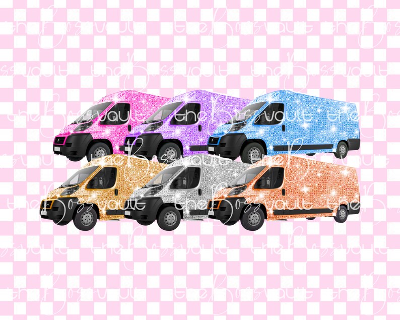May include: Five glitter-covered vans in different colours: pink, purple, blue, silver, and orange. The vans are all facing the same direction and are lined up in a row.