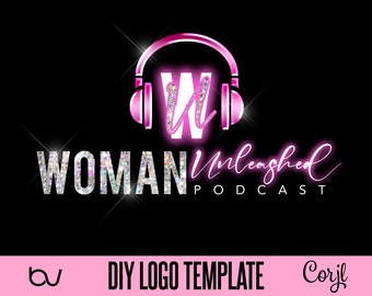 DIY Podcast Logo Template, Podcast Logo Design, Neon Pink Logo, Silver Diamond Logo, Editable Podcast Logo Design, Blog Logo Template