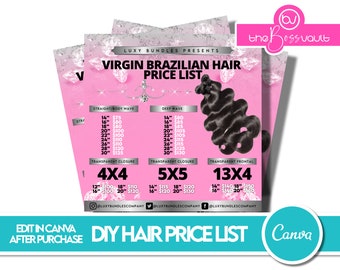 May include: Pink and white price list for Virgin Brazilian hair bundles. The list includes prices for Straight/Body Wave, Deep Wave, Transparent Closure, and Transparent Frontal hair types. The text "DIY Hair Price List" is also visible.