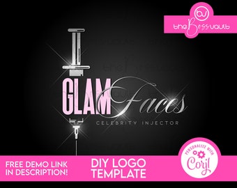 May include: A logo design with the text "GLAM Faces" in pink and silver, with a syringe graphic. The words "CELEBRITY INJECTOR" are below the main text. The design includes the text "DIY LOGO TEMPLATE" and "FREE DEMO LINK IN DESCRIPTION!"