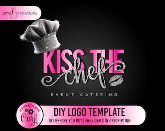 Op de afbeelding: Een roze en zilveren logo-ontwerp voor een cateringbedrijf voor evenementen genaamd "Kiss the Chef". Het logo bevat een zilveren koksmuts met glitter, de woorden "Kiss the Chef" in roze en een zilveren glitter-lipafdruk. De tekst "Event Catering" staat onder het logo.