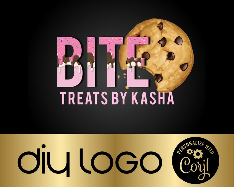 May include: A pink and brown logo with the word "BITE" in a pink font with white and brown frosting dripping down the letters. The word "TREATS BY KASHA" is below the word "BITE" in a white font. A chocolate chip cookie with a bite taken out of it is behind the word "BITE".