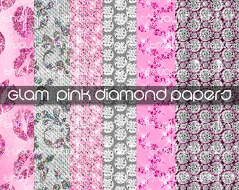 Pink Glam Digital Papers, Instant Download 6 Digital Paper Diamond Bundle, Graphic Design Elements Glitter Textures for Fashion Boutique