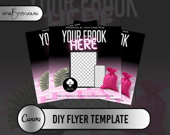 Pode incluir: Um modelo de folheto preto e rosa com o texto "YOUR EBOOK HERE" em letras rosa neon. O folheto também apresenta imagens de dinheiro, sacos de dinheiro e uma nuvem com uma seta de download. O texto "NOW AVAILABLE ON WWW.YOURWEBSITEHERE.COM" está na parte inferior do folheto.