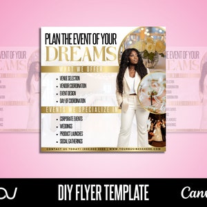 Folheto de planejador de eventos DIY, modelo de negócios de planejamento de eventos, folheto de planejador de casamento, folheto de local de evento de luxo, modelo de mídia social, E-Flyer