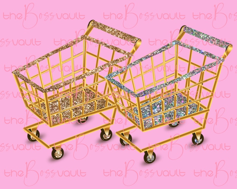May include: Two gold shopping carts with glitter accents. The cart on the left has gold glitter, and the cart on the right has iridescent glitter.