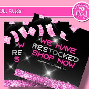 DIY Restock Boutique Flyer, We've Restocked Editable Customizable Glitter Flyer Design, Hair, Nails, Lashes, Fashion Social Media Template