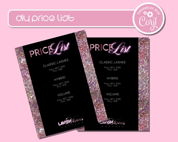 DIY Pricelist Design, Lash Pricelist Pink Glitter, Editable Price List Template, Pricelist for Hair, Nails, Lashes, Tooth Gems, Beauty Bar