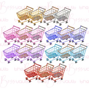 May include: Set of ten miniature shopping carts in various colors, including gold, silver, pink, purple, blue, and red. Each cart has a glittery finish.