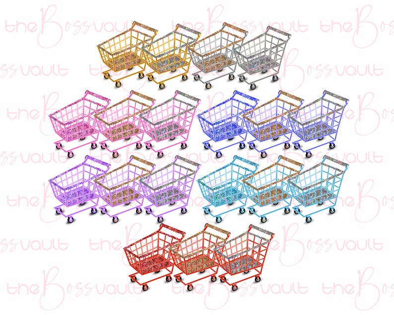 May include: Set of ten miniature shopping carts in various colors, including gold, silver, pink, purple, blue, and red. Each cart has a glittery finish.