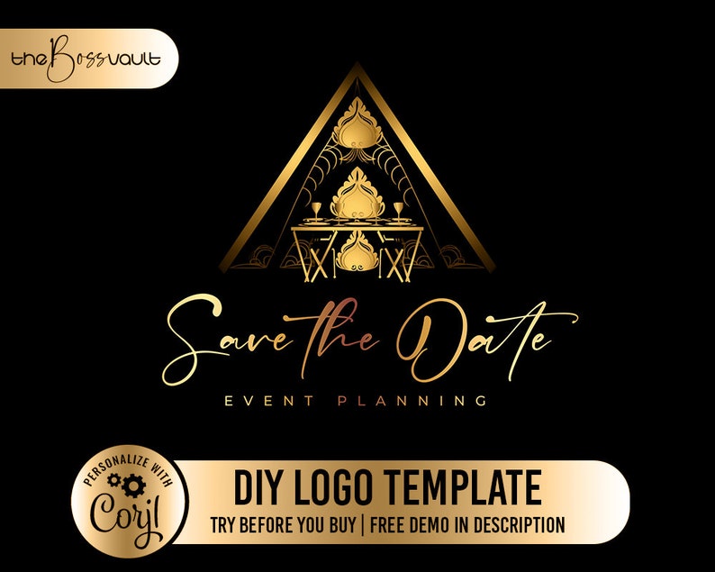 May include: A black and gold logo for event planning. The design features a gold geometric shape with a table setting and the words "Save the Date" in elegant script. The text "DIY LOGO TEMPLATE" is also included.