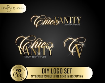May include: A gold logo design set for a beauty studio called "Chic Vanity Luxury Beauty Studio". The logo set includes three variations of the logo, one with the full name, one with just the initials, and one with a stylized "C" and "V".