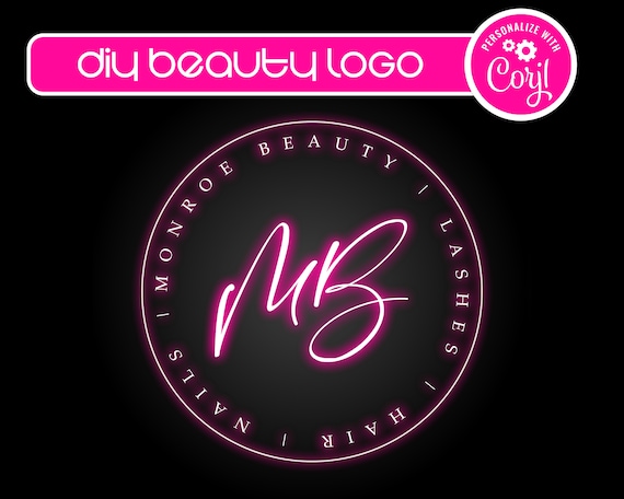 DIY Beauty Neon Logo, Editable Customizable, Circle Submark Logo Design Template, Logo for Hair, Beauty, Boutique, Fashion, Business, Logo