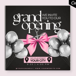 DIY Grand Opening Canva Flyer, Convite para festa de inauguração, Design de flyer para celebração de inauguração, Flyer para cabelo, Flyer para cílios, Flyer de movimento