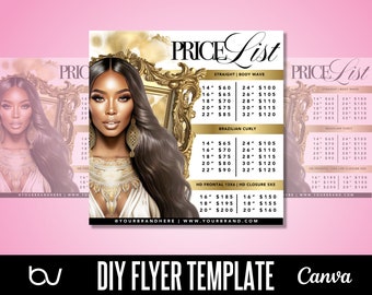 May include: A pink and gold flyer with a price list for hair extensions. The flyer features a woman with long, dark hair and a gold frame. The price list includes prices for straight, body wave, and Brazilian curly hair extensions. The flyer also includes prices for HD frontal and HD closure hair extensions.