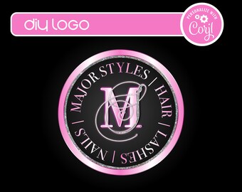 DIY Pink Neon Monogram Logo, Editable Glitter Logo Template for Hair, Nails, Lashes, Lash Extension, Boutique, Fashion, Cosmetic, Beauty Bar