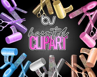 Hair Tools Clipart, Blow Dryer, Scissors, Shears Scissors PNG, Glitter Design Elements, Beauty Clipart, Salon Cartoon, Glitter Beauty Parlor