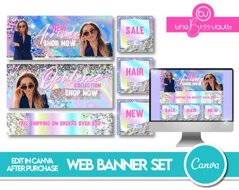 DIY Holographic Web Banner Set, Customizable Holo Glitter Website Template, Canva Website Banner Template Set, Boutique Web Banner Kit