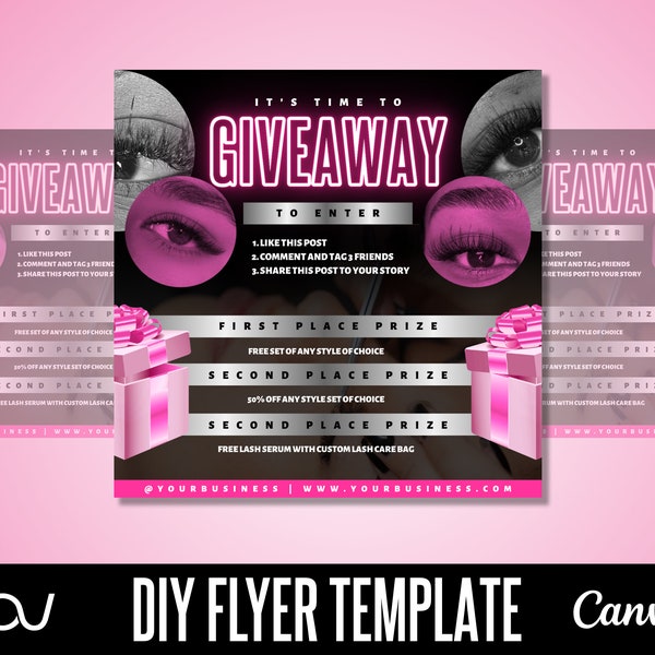 DIY Wimpern Werbegeschenk Flyer Vorlage, Wimpern Business Template, Werbegeschenk Flyer, Business Social Media Werbegeschenk, Pink und Silber Business Flyer