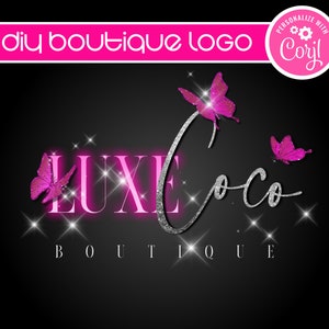 DIY Pink Glitter Logo, Boutique Fashion Logo, Customizable Pink Sparkle Glam Cosmetics Logo, Lash Hair Nail Business Logo, Butterfly Logo