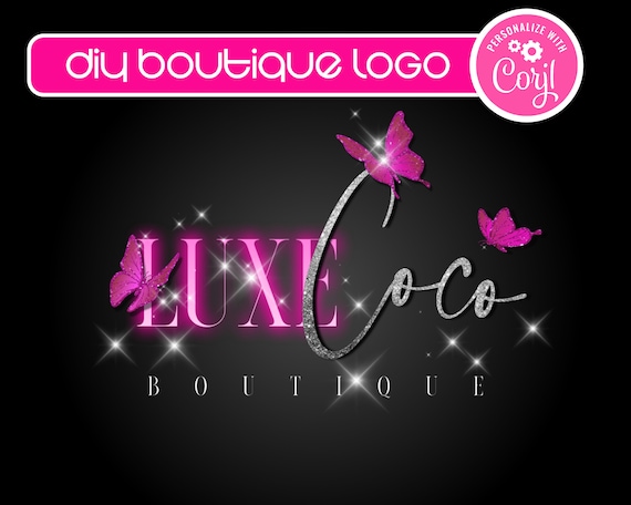 DIY Pink Glitter Logo, Boutique Fashion Logo, Customizable Pink Sparkle Glam Cosmetics Logo, Lash Hair Nail Business Logo, Butterfly Logo