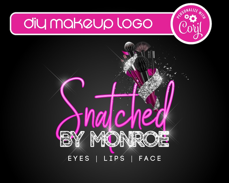 May include: A pink and silver logo design for a makeup brand called "Snatched by Monroe". The logo features makeup brushes wrapped in silver glitter ribbon and the text "Eyes | Lips | Face".