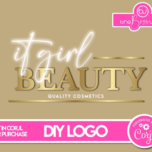 DIY Minimal Gold Neon Beauty Logo, Logo Design for Hair, Lashes, Nails, Fashion, Cosmetics, Beauty, Aesthetics Business Logo Design Template