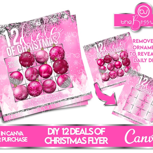 DIY Twelve Days of Christmas Flyer, Pink and Silver Boutique Flyer Holiday Template, Holiday Sale Canva Template, December Sale Flyer