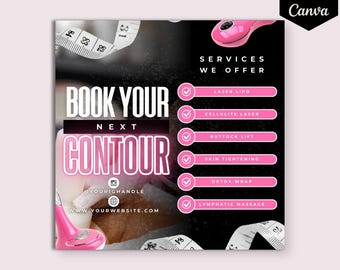 Könnte beinhalten: Eine pinkfarbene und schwarze Grafik mit dem Text "Book Your Next Contour" und einer Liste der angebotenen Dienstleistungen: Laser-Lipo, Cellulite-Laser, Gesäßstraffung, Hautstraffung, Entgiftungs-Wrap, Lymphdrainage. Die Grafik enthält außerdem ein pinkfarbenes Maßband und ein pinkfarbenes Handgerät.