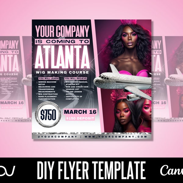 DIY Class Travel Flyer, Course Flyer Template, Business Travel Flyer, Pink and Black, Canva Flyer Template, Lash Extension Flyer, Hair Flyer