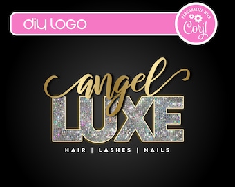 DIY Diamond Boutique Logo, Editable Customizable Gold Glitter Logo Template for Hair, Fashion, Beauty, Cosmetics, Lashes, Instant Download