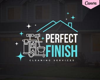 May include: A logo for a cleaning service called "Perfect Finish Cleaning Services". The logo features a white outline of a house with a cleaning cart, a bucket, and cleaning supplies. The text is in blue and white.
