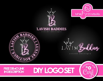 DIY Pink and Silver Logo Set, Glitter Crown Logo Branding Set, Boutique Logo Set, Hair Logo Set, Beauty Logo Set, Neon Pink Logo Design
