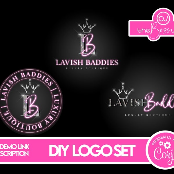 DIY Pink and Silver Logo Set, Glitter Crown Logo Branding Set, Boutique Logo Set, Hair Logo Set, Beauty Logo Set, Neon Pink Logo Design