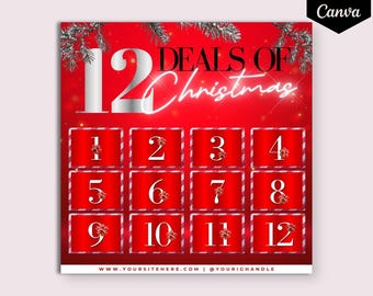 DIY Twelve Days of Christmas Flyer, Twelve Days of Deals, Business Holiday Flyer Design, Editable Canva Template, Business Holiday Sale