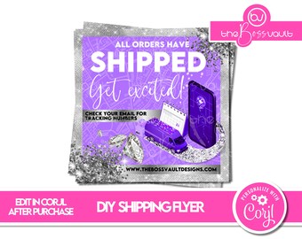 DIY Shipping Confirmation Flyer, All Orders Have Shipped Social Media Post Template, Canva Flyer, Canva Template, Purple and Silver Flyer